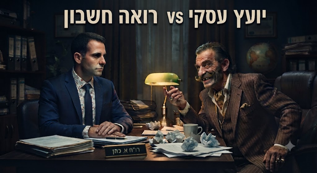 "רואה חשבון בחליפה כחולה מקצועית יושב מול יועץ עסקי בעל מראה נוכל עם שפם מסולסל ושן זהב במשרד אפלולי, המדגיש את הניגוד בין ייעוץ אמין לעצות מפוקפקות