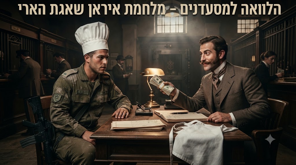 חייל צה"ל חובש כובע שף יושב מול בנקאי היסטורי בבנק, מייצג קושי בגיוס הלוואות לעסקים וניהול פיננסי למסעדות בזמן מלחמה