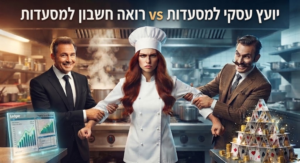 שפית מסעדה במרכז, נמשכת מצד אחד על ידי יועץ עסקי בעל מראה מפוקפק ומצד שני על ידי רואה חשבון מקצועי בחליפה שחורה במטבח מסעדה, המייצג את הקונפליקט בין עצות ריקות למקצוענות פיננסית