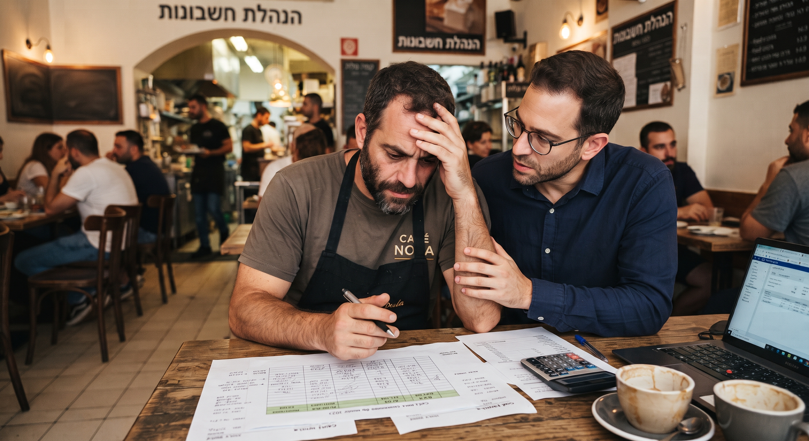 רואה חשבון יושב יחד עם מסעדן מודאג בתוך מסעדה תל אביבית ומניח את ידו על כתפו בתמיכה בזמן שהם בוחנים מספרים ודוחות פיננסיים.